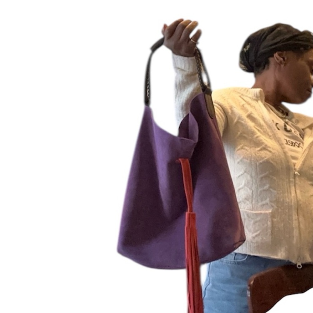 Uno Alla Volta Florentine Suede Leather Purple/orange tassel Bucket Bag - Picture 12 of 13